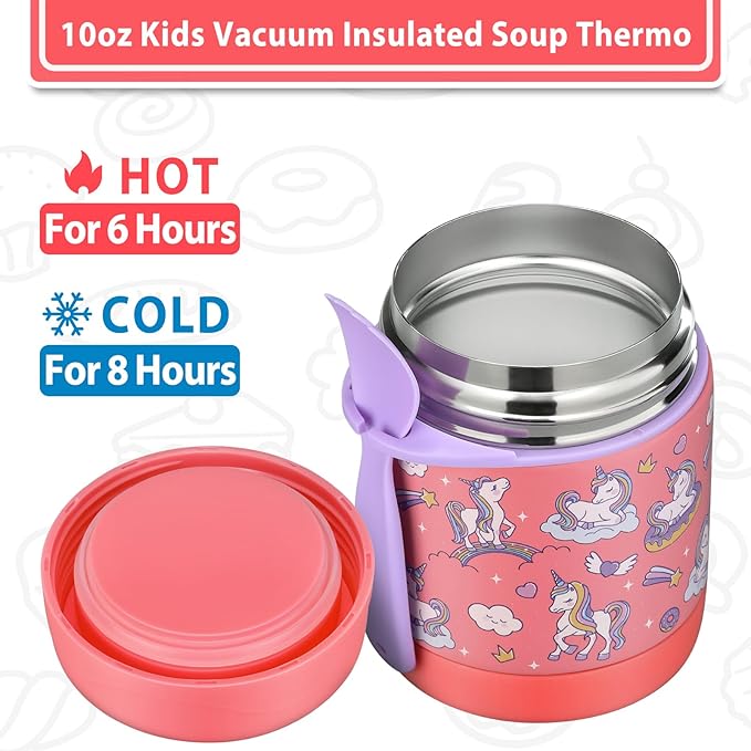 10oz Soup Thermo for Hot Food Kids,Lunch Thermo Kids Food Jar with Spoon Hot Insulated Food Containers,Leak Proof Stainless Steel Wide Mouth Lunch Food Thermo Jar for School(Pink-Unique Horse)-BubblyBeeBaby