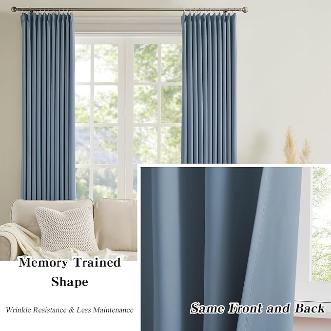 KEQIAOSUOCAI Dusty Slate Blue Blackout Curtains for Small Window, Pinch Pleat with Hooks, Room Darkening Block Out Bedroom Curtain 2 Panels,40 by 45 Inch-BubblyBeeBaby