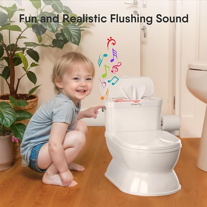 2-in-1 Toddler Potty Training Toilet - Larger Potty Chair & Detachable Training Seat for Boys & Girls Ages 1-3 with Flushing Sound, Wipes Storage, Toilet Paper Holder-BubblyBeeBaby