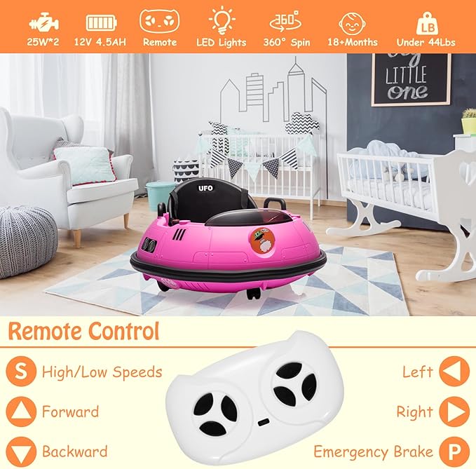 12V Electric Ride on Bumper Car for Toddlers, Kids Bumper Car with Remote Control, 360 Degree Spin, LED Lights, Dual Joysticks, Safety Belt for 18+ Months Kids, Pink-BubblyBeeBaby