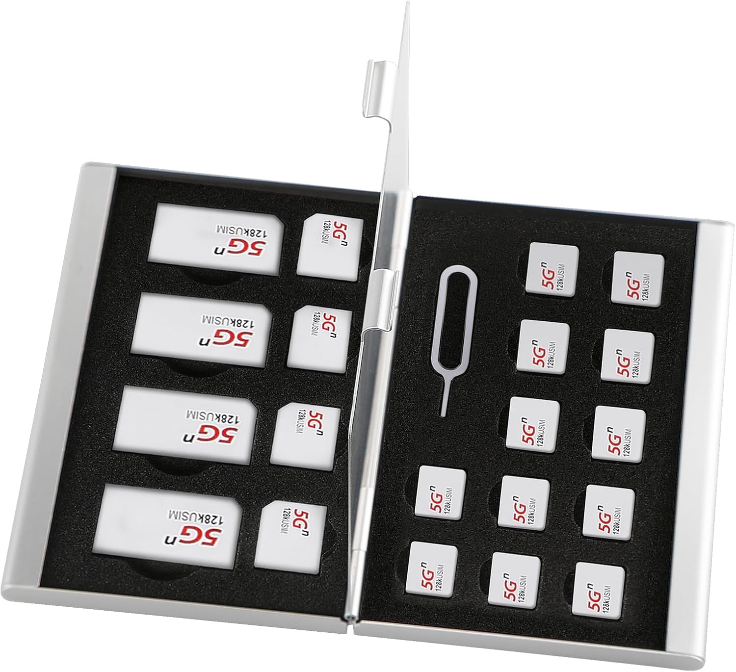 Aluminum SIM Card Case, 21Slots Ultrathin SIM Card Holder, Fit for 4 SIM Card, 4 Micro sim Card, 12 Nano sim Card and 1 Cell Phone Eject Pin Slots, Silver
