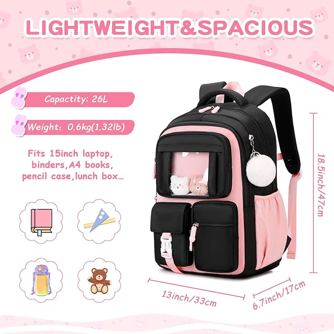 Kids Backpack for Girls School Bags for Middle School Students Book Bag for Elementary Primary Kawaii Ita Backpack, Black and Pink-BubblyBeeBaby
