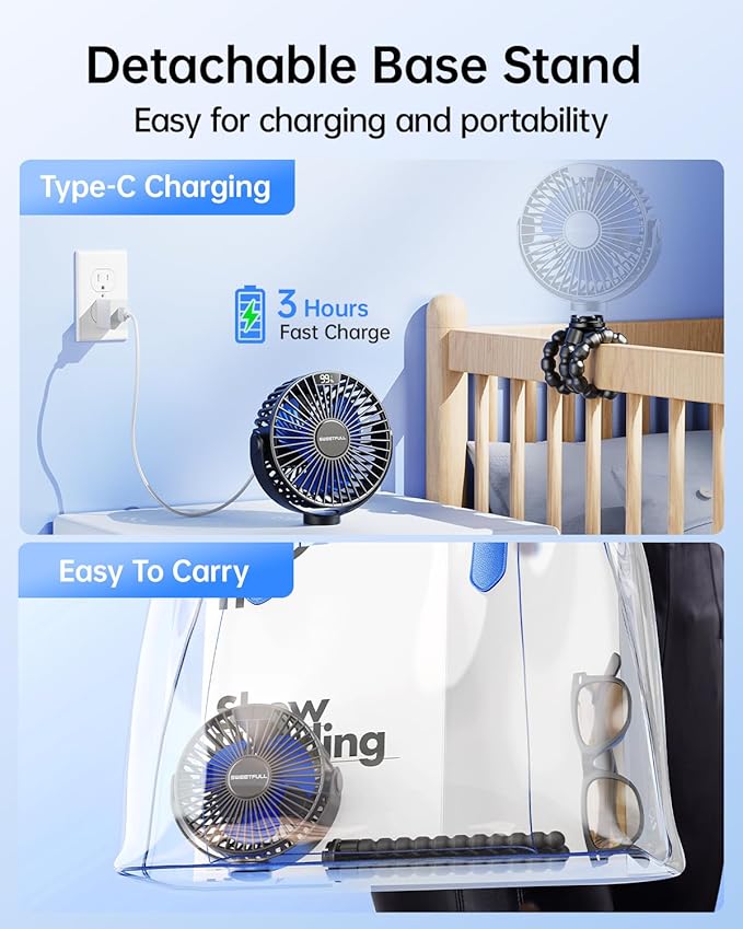 SWEETFULL Portable Stroller Fan with Display 4000mAh Battery Powered Mini Clip On Fan, 4-Speed Rechargeable Small Personal Cooling for Baby Car Seat Crib Travel - Black-BubblyBeeBaby