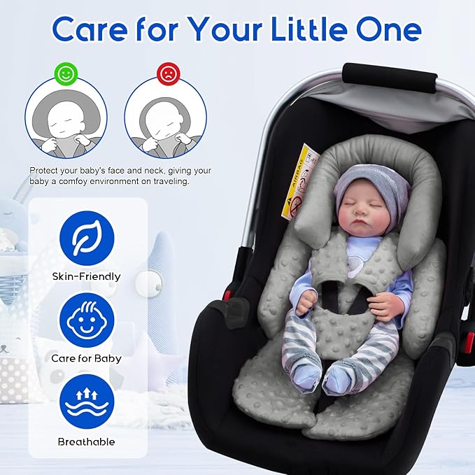 Baby Car Seat Head Support for Doona Stroller, Thickened Infant Carseat Head Support with 3 Strap Covers, Reversible Car Seat Insert for Newborn, Baby Car Seat Cushion with Filled Natural Cotton-BubblyBeeBaby
