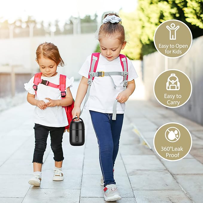 Insulated Food Container 17 oz Soup Thermo for Hot Food Kids Adults, Stainless Steel Vacuum Lunch Box with Folding Spoon, Adult Kids Thermo Portable with Handle for School, Office, Outdoor-BubblyBeeBaby