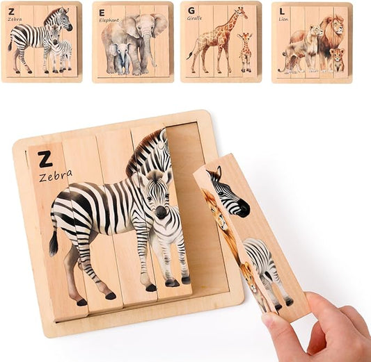 IEATFO 4 in 1 Wooden Animal Chunky Puzzle, 5 Solid Wood Puzzle Blocks with 4 Sides Realistic Safari Animals, Wooden Block Puzzle with Durable Base for Toddlers 3+ Years - Montessori Inspired-BubblyBeeBaby