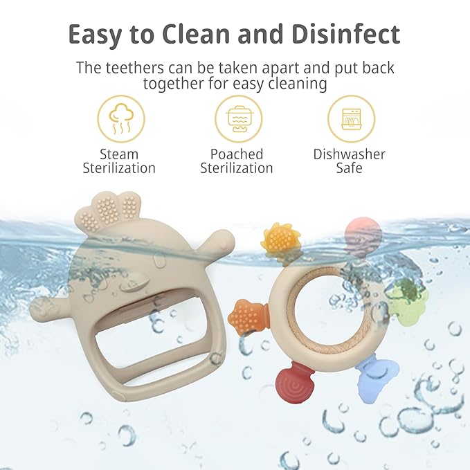 2 Pack Baby Teething Toys for 0-6 & 6-12 Months, Food Grade Silicone Teething Mitten No Drop Teether and Ring Teether, BPA Free, One-Piece, CPC Certified Baby Chew Toys for Sucking Needs-BubblyBeeBaby