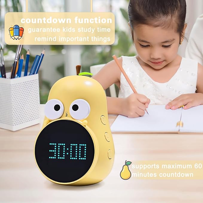 Kids Alarm Clock for Girls Pear Alarm Clock with Snooze Toddler Sleep Training Clock for Bedroom Home Office(Yellow)-BubblyBeeBaby