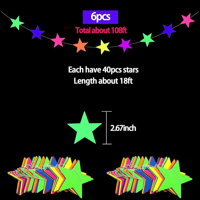 108feet UV Neon Paper Star Garland Glow in The Dark Streamers for neon Party Supplies UV Fluorescent Reactive Paper Star Banner for Wedding Birthday Glow in The Dark Party Favors Neon Party Decor…-BubblyBeeBaby