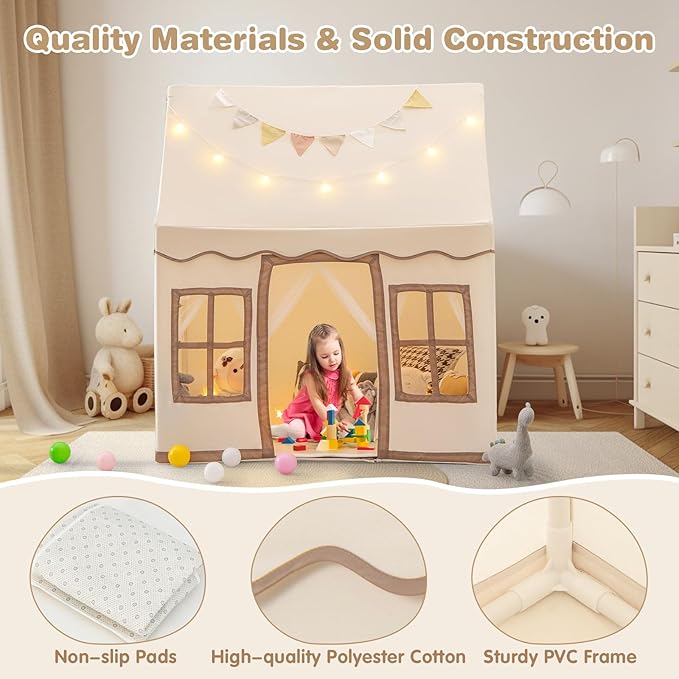 INFANS Kids Play Tent with Washable Mat Star Light Windows, Anti-Trip Large Playhouse Toys for Children Boys Girls, Indoor Outdoor Princess Tents Castle for Toddlers (Beige)-BubblyBeeBaby