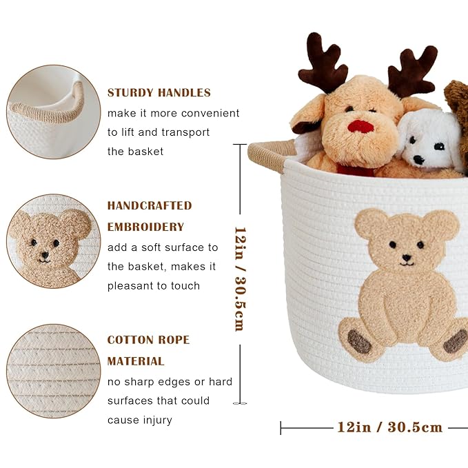 INough Cotton Rope Basket Toy Storage Baskets for kids Laundry Hamper, Gift Basket Empty Baby Shower Baskets with Handles, Cute Bins Blanket Stuffed Animal Storage for Nursery, Living Room Decor, Bear-BubblyBeeBaby