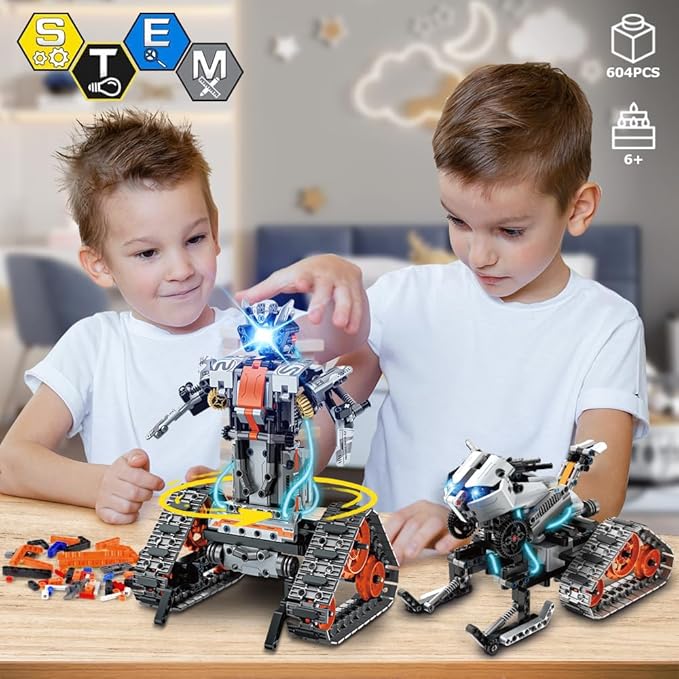 HOGOKIDS 5 in 1 STEM Building Set with LED Light - APP & Remote Controlled Cars Building Toys Kit, RC Robot Tank Sleigh Tracked Racer 604 PCS, Toy Gifts for Kids Boys Girls Ages 6 7 8 9 10 11 12+ Year-BubblyBeeBaby