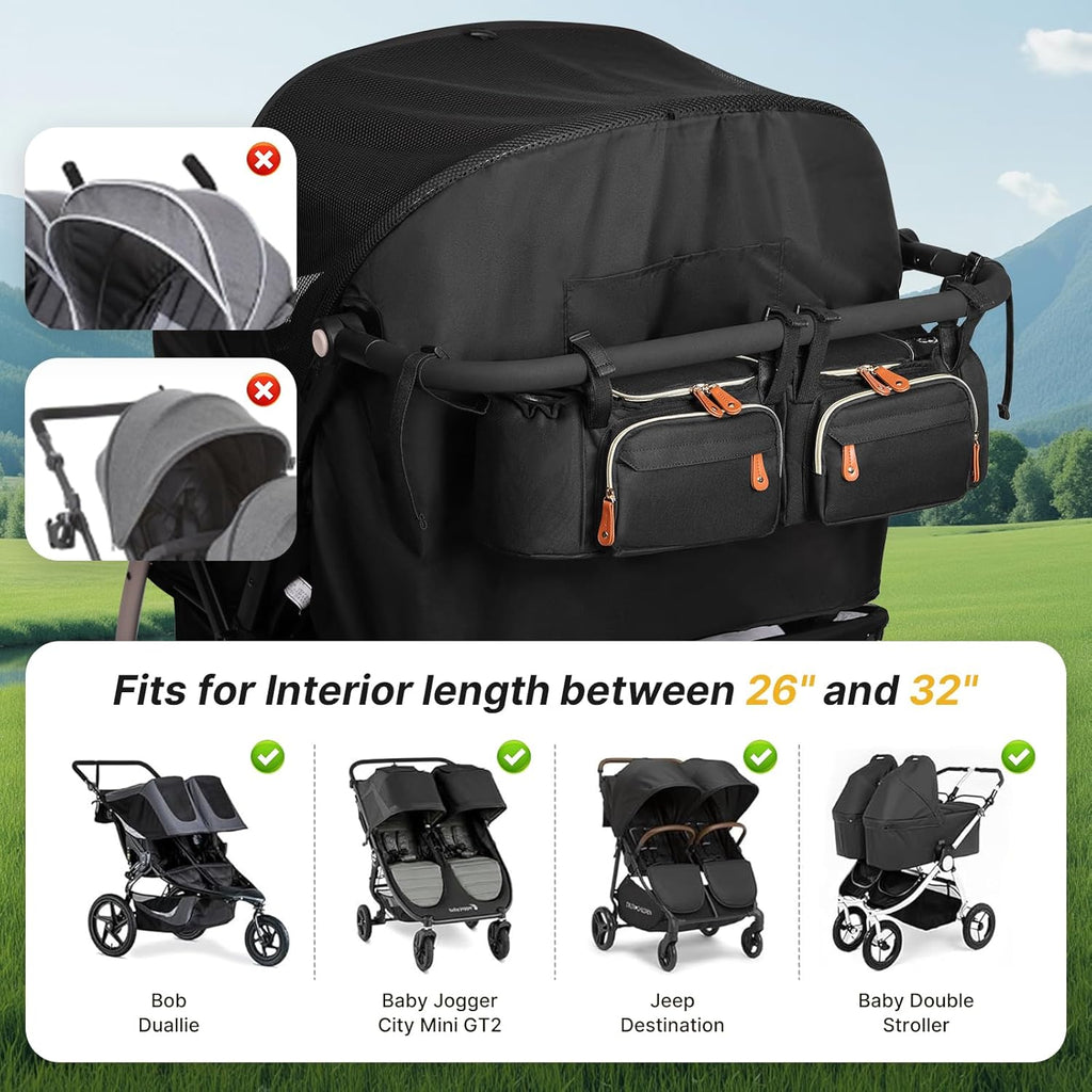 Double Stroller Organizer for Bob Duallie and Baby Jogger City Mini GT2, Double Stroller Caddy Organizers with Cup Holder and 2 Cooler Pockets Parent Console Double Stroller Accessories