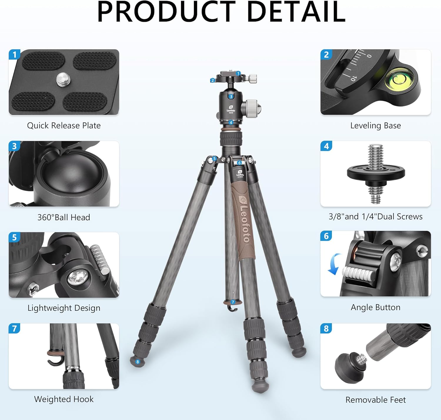 Carbon Fiber Lightweight Travel Tripod with Ball Head, Removable Center, Maxload 10kg, Weight 1.66kg, Folded 470mm (LX-284CT+XB-38)