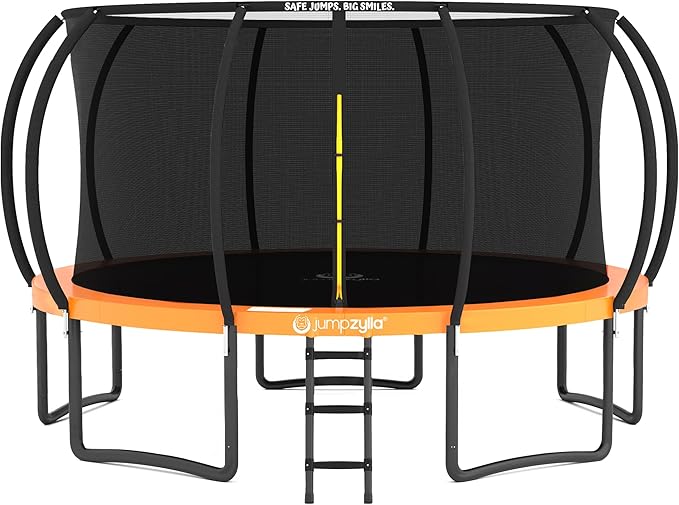JUMPZYLLA Trampoline Outdoor 8FT 10FT 12FT 14FT 15FT 16FT with Enclosure and Ladder, ASTM Approved Recreational Trampoline for Kids and Adults, Anti-Rust Coated Frame-BubblyBeeBaby