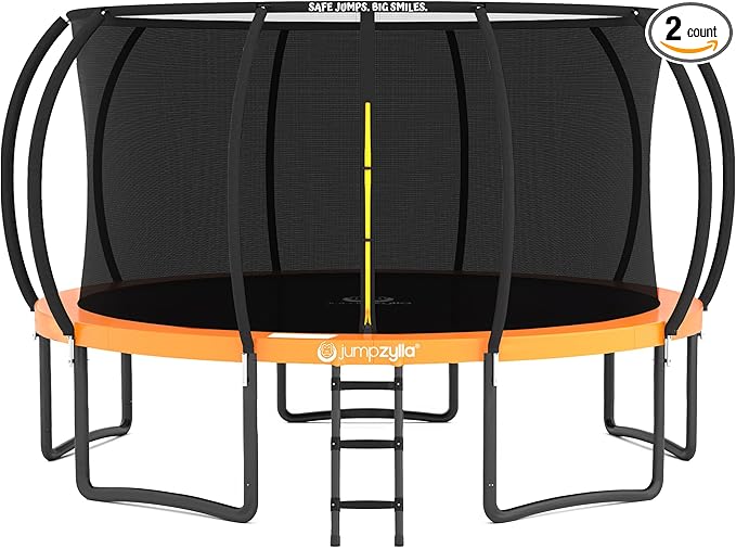JUMPZYLLA Trampoline Outdoor 8FT 10FT 12FT 14FT 15FT 16FT with Enclosure and Ladder, ASTM Approved Recreational Trampoline for Kids and Adults, Anti-Rust Coated Frame-BubblyBeeBaby