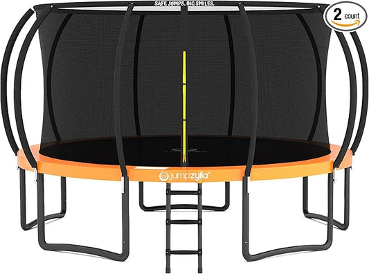 JUMPZYLLA Trampoline Outdoor 8FT 10FT 12FT 14FT 15FT 16FT with Enclosure and Ladder, ASTM Approved Recreational Trampoline for Kids and Adults, Anti-Rust Coated Frame-BubblyBeeBaby