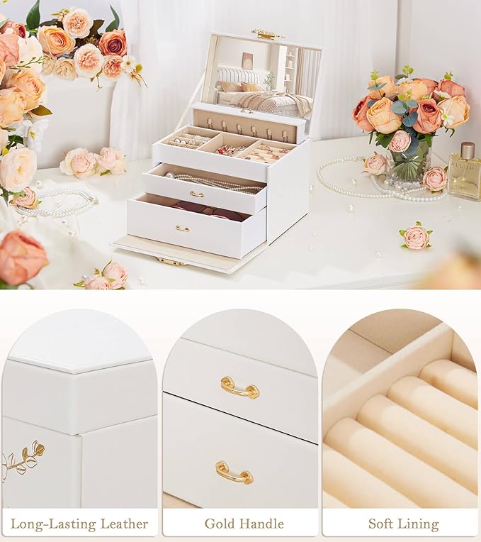 Jewelry Box with Lock for Girls: Jewelry Organizer for Dresser - 3-Drawer Earrings Storage Girls Women Gift (White)-BubblyBeeBaby