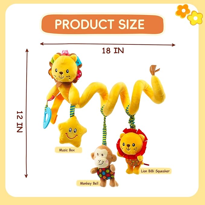 Jollybaby Crib Stroller Car Seat Toys for Baby 0-3-6-9-12 Months, Tummy Time Hanging Sensory Toys for Newborn with Music Box and Teether, Spiral Carseat Toy for Infant Boys Girls Gifts (Little Lion)-BubblyBeeBaby