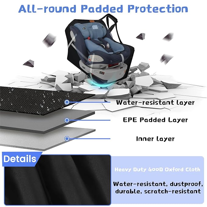 Infant Car Seat Travel Bag for Airplane Compatible with All Nuna Pipa Car Seat and Base,Chicco KeyFit 30 and Base, Padded Car Seat Bags for Air Travel,Car Seat Gate Check Bag with Side Pocket, Black-BubblyBeeBaby