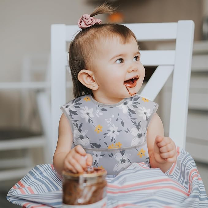 Mess Proof Baby Bib 3 Pack, Waterproof Led Weaning Baby Feeding Bibs with Food Catcher, Travel Feeding Bibs-BubblyBeeBaby