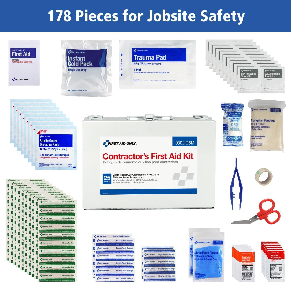 First Aid Only 9302-25M 25-Person Contractor's First Aid Kit for Home Renovation, Job Sites, and Construction Vehicles, 178 Pieces