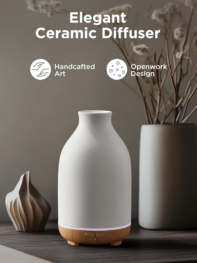 InnoGear Essential Oil Diffuser, 150ml Ceramic Stone Diffuser Handcrafted Aromatherapy Diffusers Ultrasonic Cool Mist Humidifier Vaporizor with 2 Mist Modes Waterless Auto Off for Room Office, White-BubblyBeeBaby
