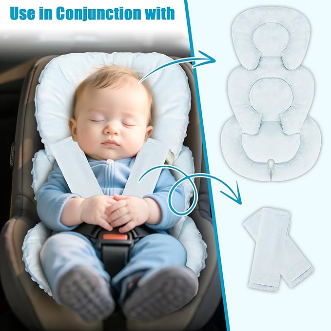 GFU Infant Car Seat Insert Head and Body Support, Reversible Newborn Insert for Carseat with Strap Pads, Soft Stroller Cushion Pillow Insert for Boys and Girls, Fits for Stroller, Swing, Lightblue-BubblyBeeBaby