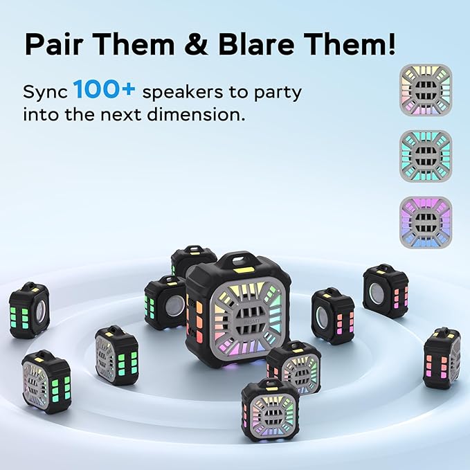 INSMY IP67 Waterproof Bluetooth Speaker, Shower Speaker Portable Small Clip-on, Multi Sync 100+ Speakers, Big Volume Booming Bass, 24H Playtime/Floatable/RGB Lights for Outdoor/Kayak/Beach (Black)-BubblyBeeBaby