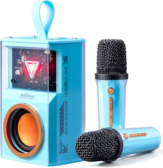 Karaoke Machine for Kids & Adults, Portable Bluetooth Mini Karaoke Speaker with 2 Wireless Microphone and Lights, Birthday Gifts for Girls & Boys, Toys for Girls, Family Home Party (Sky Blue)-BubblyBeeBaby
