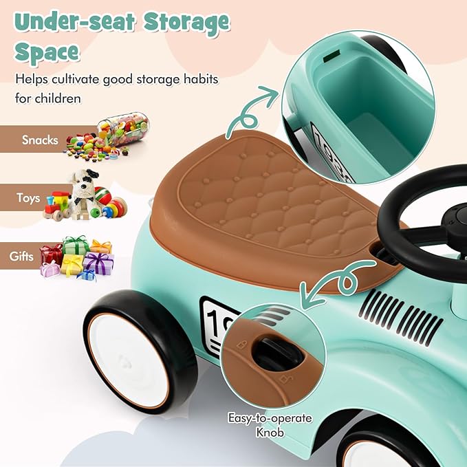 HONEY JOY Ride On Push Car, Outdoor Toddler Riding Toys w/Steering Wheel, Horn & Storage, Foot-to-Floor Sliding Car, No Batteries, Retro Baby Ride On Toys for Boys and Girls (Green)-BubblyBeeBaby