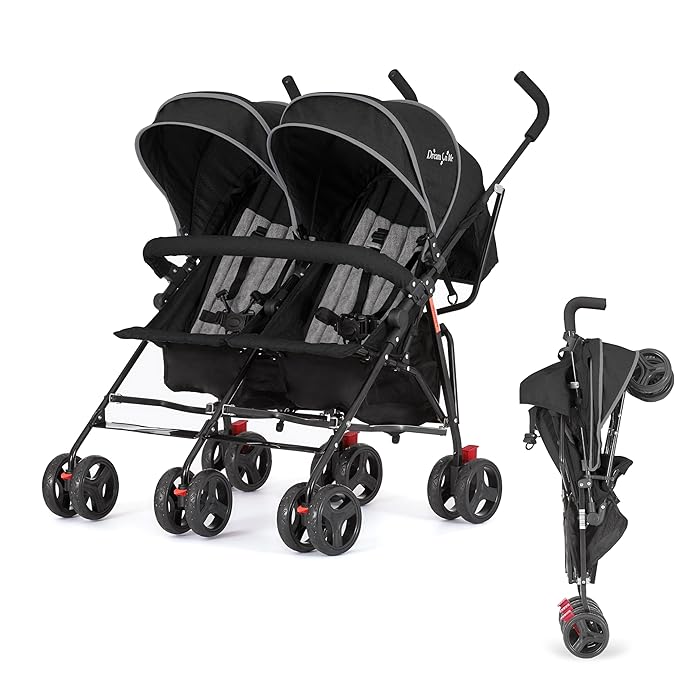 Dream On Me Volgo Twin Umbrella Stroller in Black, Lightweight Double Stroller for Infant & Toddler, Compact Easy Fold, Large Storage Basket, Large and Adjustable Canopy-BubblyBeeBaby