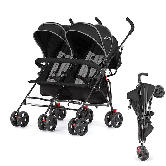 Dream On Me Volgo Twin Umbrella Stroller in Black, Lightweight Double Stroller for Infant & Toddler, Compact Easy Fold, Large Storage Basket, Large and Adjustable Canopy-BubblyBeeBaby