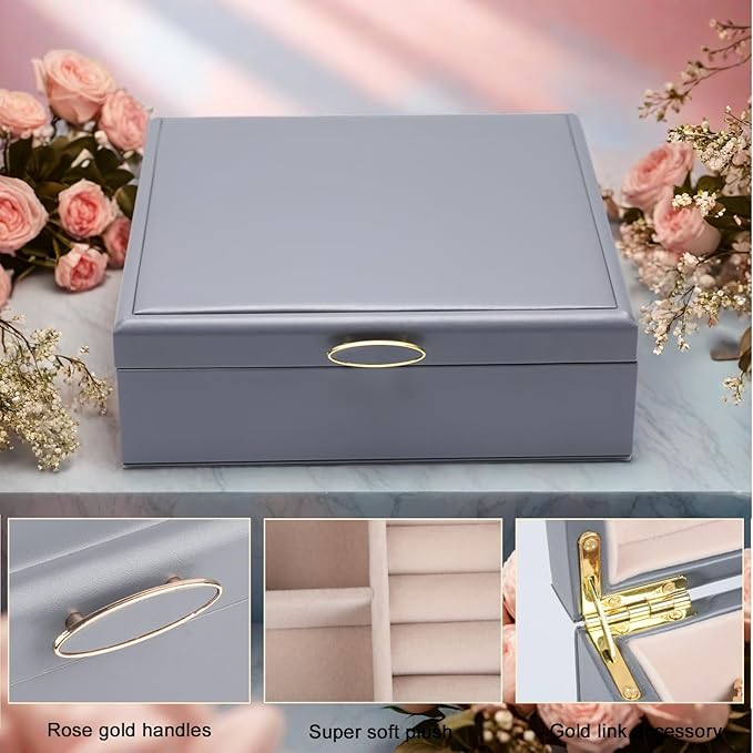 2-layer jewelry box，Jewelry Organizer with Handle，with hanging necklace hooks, detachable jewelry trays, suitable for storing a large amount of jewelry gift box (Large-Grey)-BubblyBeeBaby