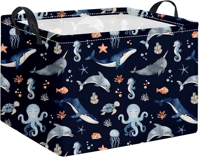 HIYAGON Rectangular Ocean Basket Kids Baby Storage Bin Toy Organizer Box for Boys Under the Sea Nursery Decor(Ocean)-BubblyBeeBaby