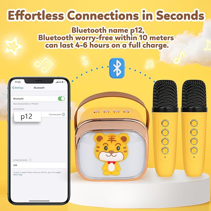 Karaoke Machine for Kids, Portable Mini Karaoke Machine with 2 Wireless Microphones, 4 5 6 7 8 9 10 Years Old Girl Boy Easter Christmas Birthday Gift Tiger Speaker Toys-BubblyBeeBaby