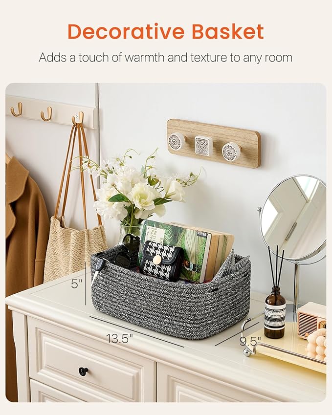 KALLAX Small Woven Basket, 13.5 x 9.5 x 5 Inches, Storage Basket for Organizing, Cute Small Rope Shelf Closet Cube Storage Bins Baskets for Shelves, Dog Toy Gift Baskets Empty, 3 Pack Mixed Black-BubblyBeeBaby