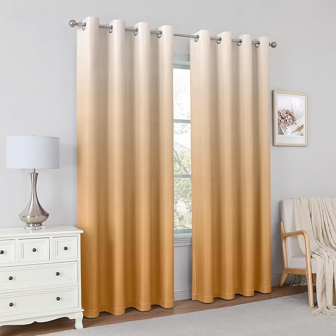 HOMEIDEAS Gold Ombre Blackout Curtains 52 X 63 Inch Length Gradient Room Darkening Thermal Insulated Energy Saving Grommet 2 Panels Window Drapes for Living Room, Bedroom-BubblyBeeBaby