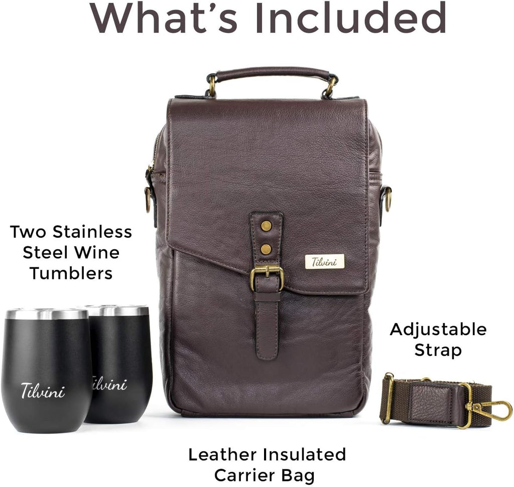Insulated Leather Wine Bag & 2 Wine Tumblers Set. Leather Wine Bottle Carrier Tote. Wine Gifts For Men. Picnic Bag, Beach Wine Cooler Bag. Airplane Travel Byo Wine Carrier Case Couples Gift
