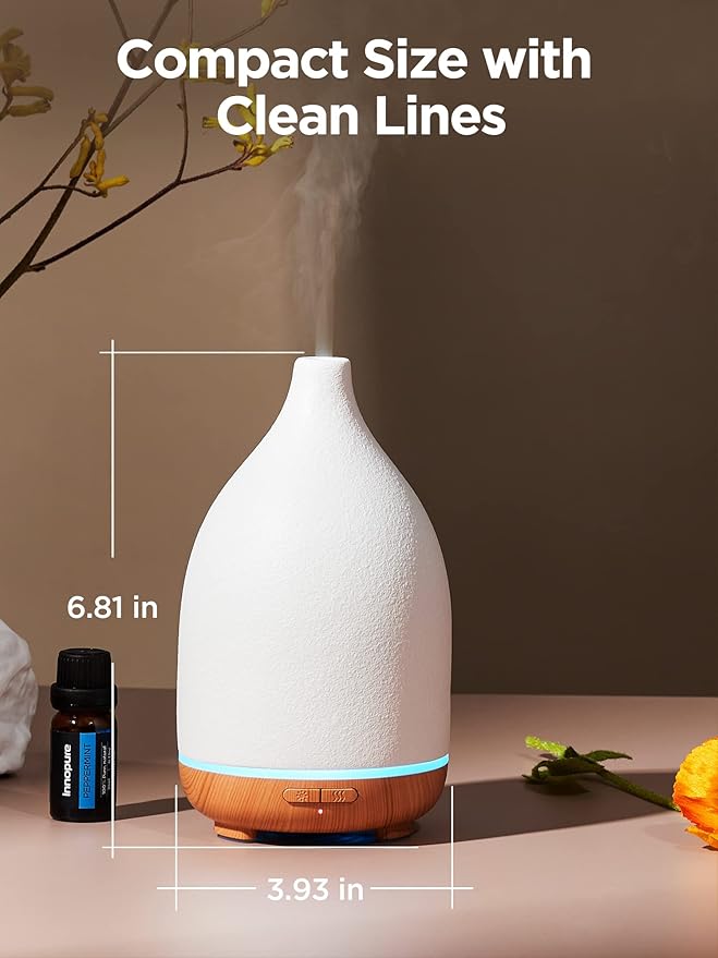 InnoGear Oil Diffuser, 150ML Ceramic Diffuser for Essential Oils Handcrafted Aromatherapy Diffuser Ultrasonic Cool Mist Humidifier with 2 Mist Modes Waterless Auto Off for Room Office, White-BubblyBeeBaby