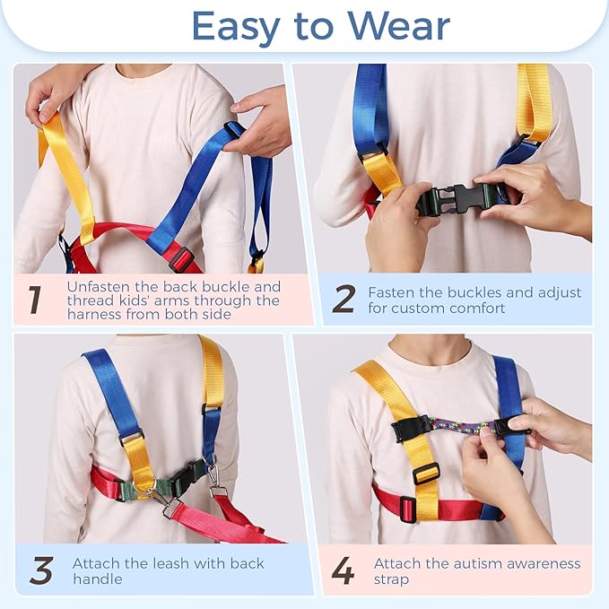 JXM Safety Harness Leash for Autism and Special Needs Child (3-6 yrs), Child Adjustable Elopement Harness with Emergency Grab Handle and Tether, Keep Active Autistic/ADHD Kids Safe and Free Outdoors-BubblyBeeBaby