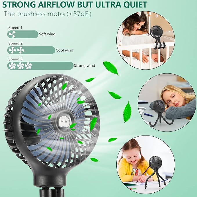 snawowo Mini Handheld Personal Portable Fan, Baby Stroller Fan, Car Seat Fan, USB or Battery Powered, with Flexible Tripod Clip on Student Bed Desk Bike Crib Treadmill Camping Traveling(Black)-BubblyBeeBaby