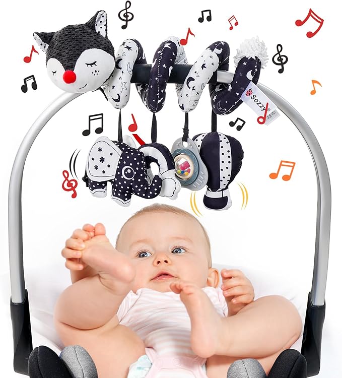 Jollybaby Crib Stroller Car Seat Toys for Baby 0-3-6-9-12 Months, Tummy Time Hanging Sensory Toys for Newborn with Music Box and Teether, Spiral Carseat Toy for Infant Boy Girl Gift (Black and White)-BubblyBeeBaby