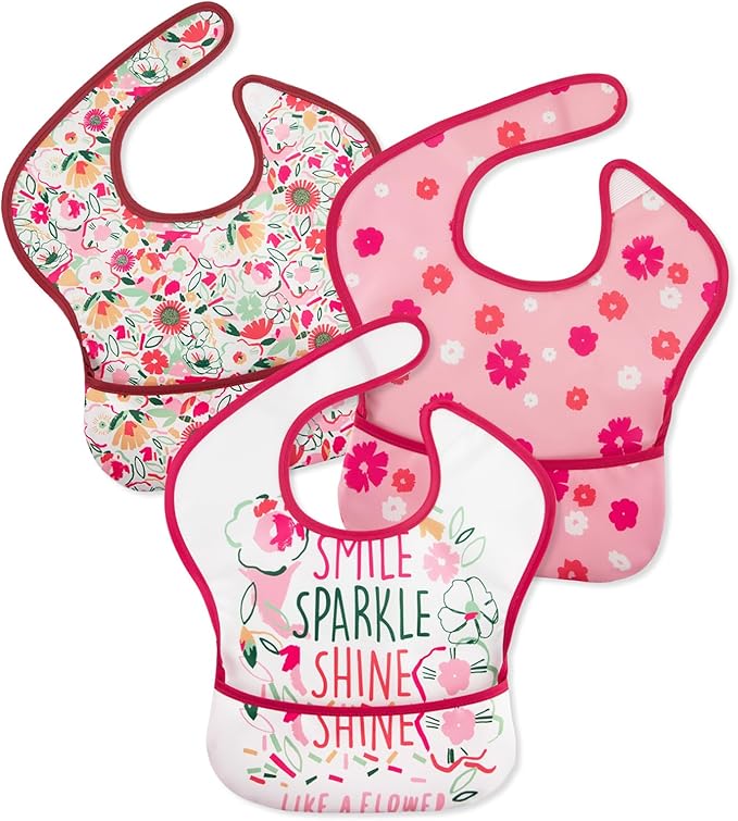 Mess Proof Baby Bib 3 Pack, Waterproof Led Weaning Baby Feeding Bibs with Food Catcher, Travel Feeding Bibs-BubblyBeeBaby