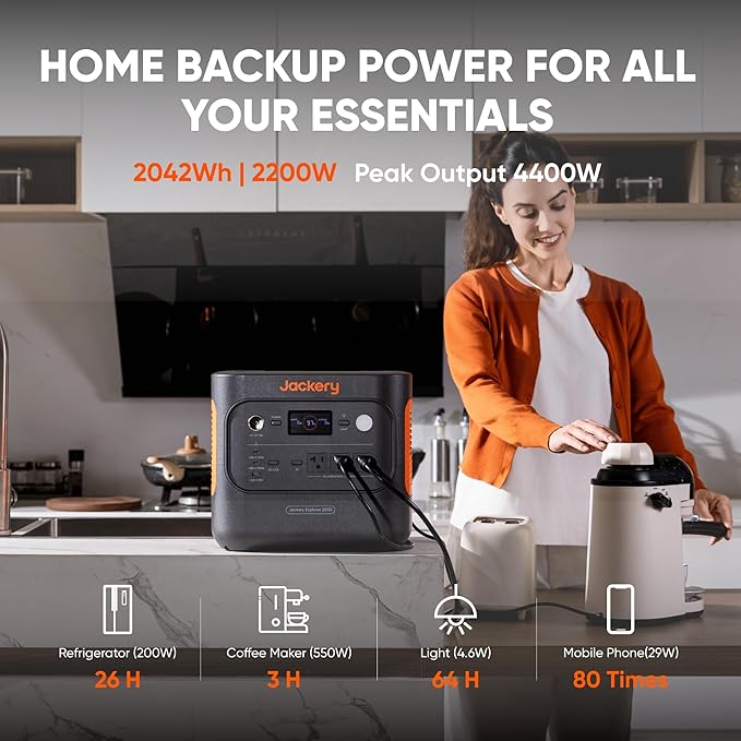 Jackery Explorer 2000 v2 Portable Power Station, 2042Wh LiFePO4 Home Backup Battery, 2200W Solar Generator, USB-C PD 100W Fast Charging for Emergencies, Power Outages, Camping(Solar Panel Optional)-BubblyBeeBaby