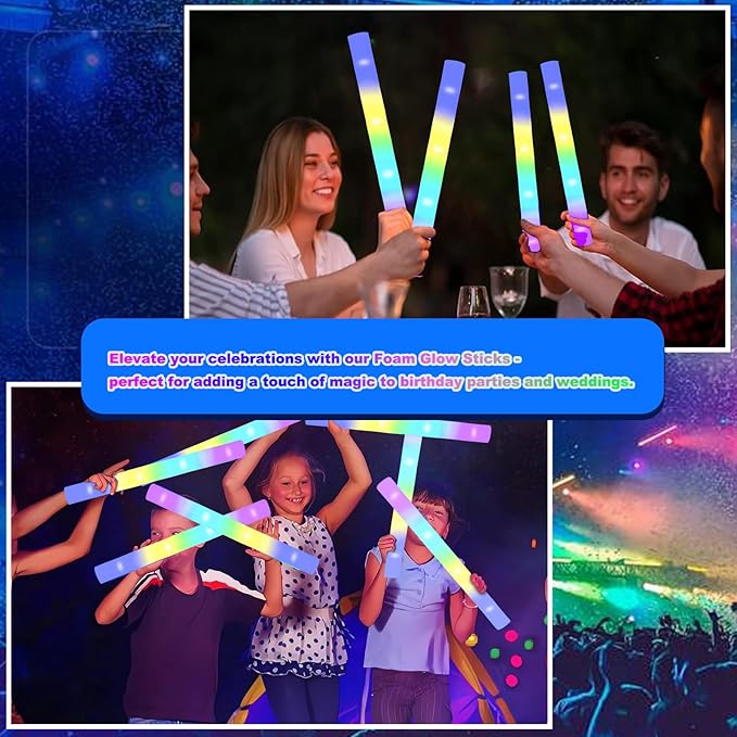 24-Count Foam Glow Sticks Party Pack - 5 Colors, Steady Bright LED Light Up Sticks for Weddings, Birthdays, Christmas, Halloween | Foam Glow Sticks Bulk Reusable, 6-Hr Glow-BubblyBeeBaby