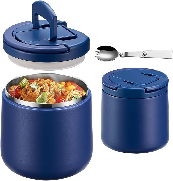 20oz Insulated Vacuum Food Jar with Buckle Lid,Soup Thermo for Hot Food Kids,Wide Mouth Leakproof Stainless Steel Lunch Container with Spoon-Blue-BubblyBeeBaby