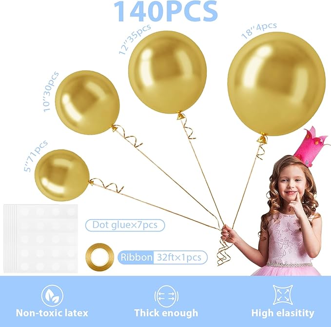 140pcs Gold Balloon Arch Kit, Gold Balloons of Different Sizes Pack of 18 12 10 5 Inch Party Balloon Kit for Birthday Party or Balloon Arch as Graduation Wedding Baby Shower Party Decorations-BubblyBeeBaby