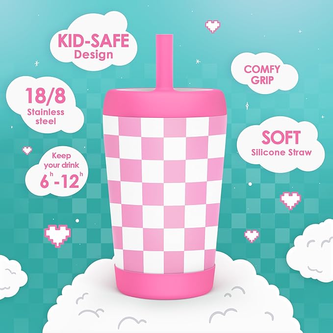 Kid Insulated Stainless Steel Tumbler with Silicone Straw, 12oz Sippy Cup for Kids (Pink Checkerboard)-BubblyBeeBaby