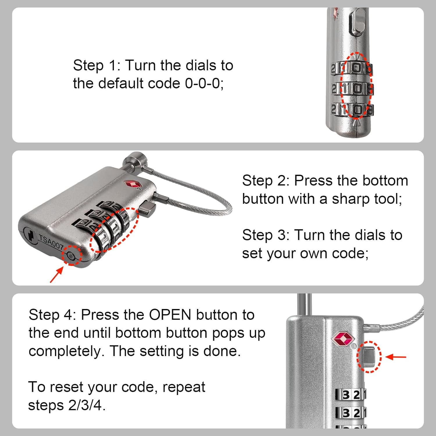 UPGRADED Gun Case Lock - Adjustable Alloy Handle, TSA Approved Gun Safe Lock, High Security Cable Locks, Secure Code Packlock for Gun Cases, Firearm Cases, Toolboxes, Travel Luggage, Silver